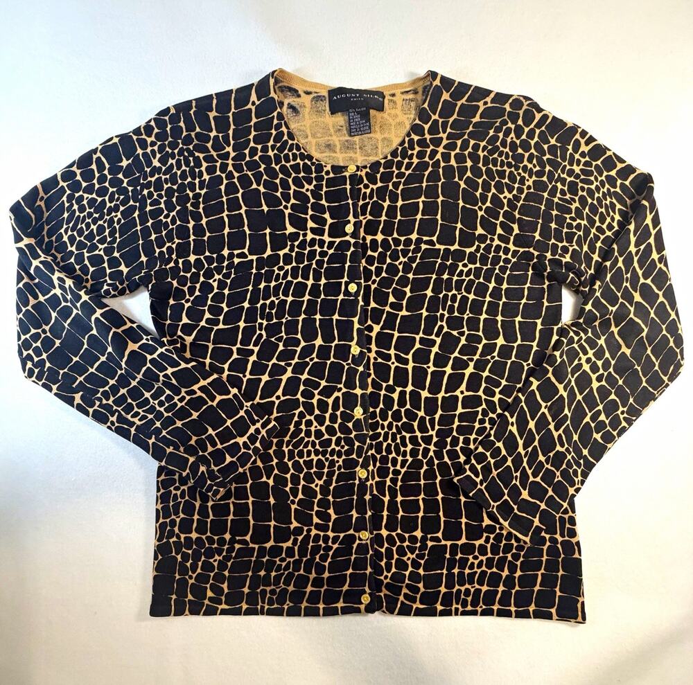 August Silk Women’s L 100% Silk Cardigan Black Beige Animal Croc Print Button